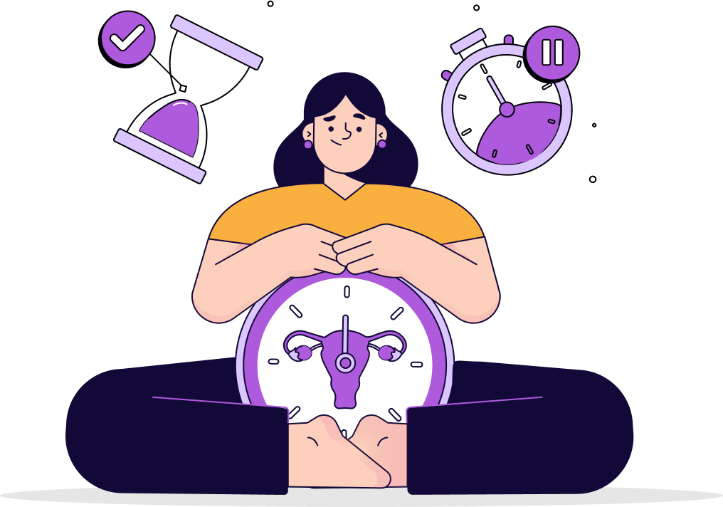 Illustration of Iva, Ove’s chatbot, sitting cross-legged with a uterus-shaped clock symbolizing menstrual cycle timing and digital period tracking.