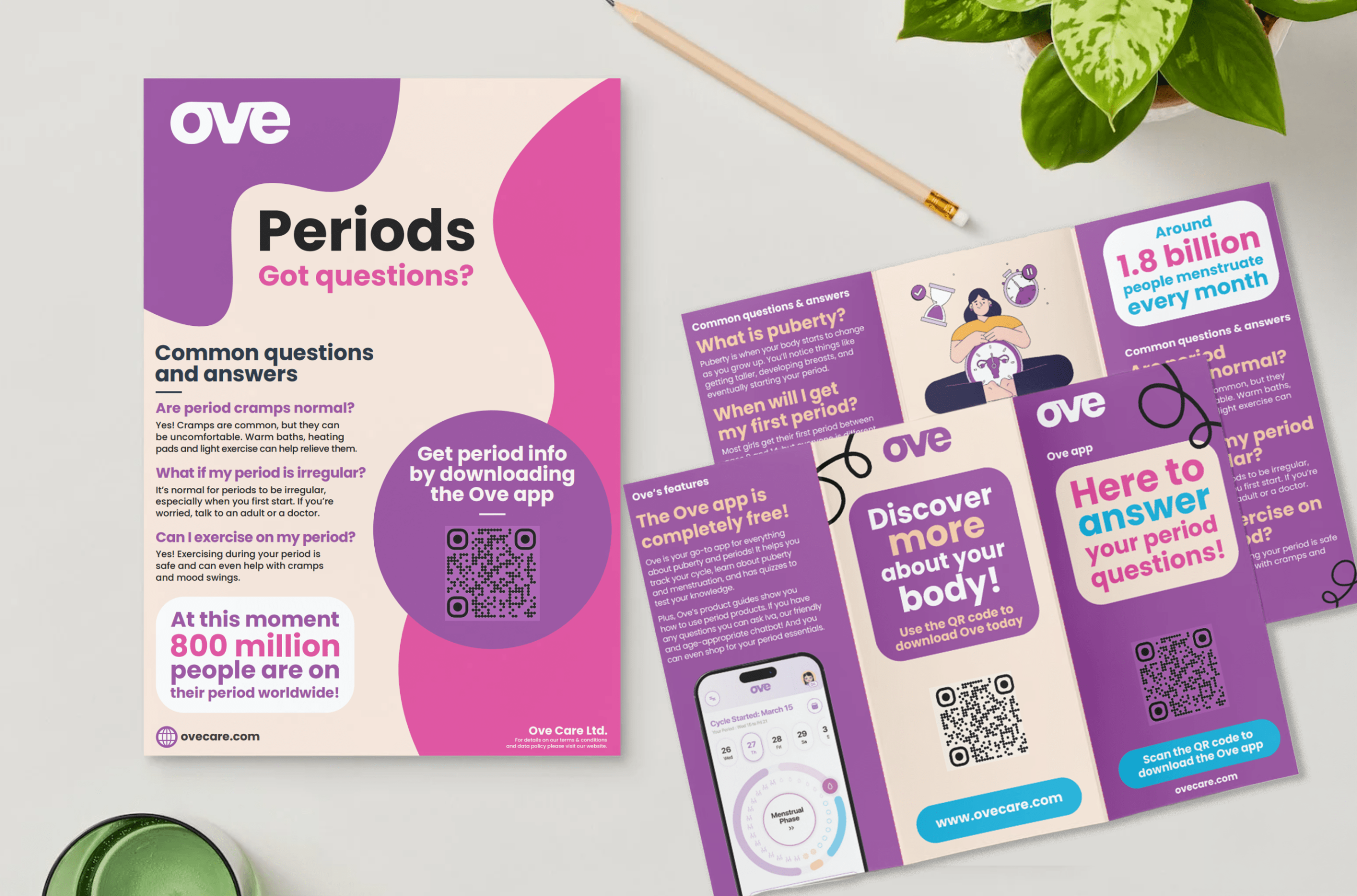 Ove period education poster and leaflet for menstrual health awareness, featuring puberty facts, period Q&A, and QR code to download free Ove period app made for teens and tweens.